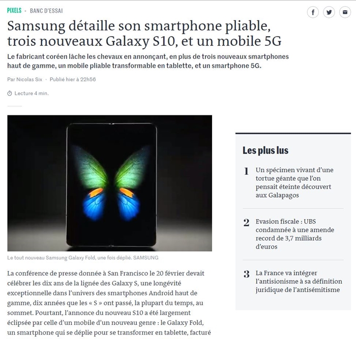 Французская газета Le Monde 20 февраля обнародовала статью под названием "Самсунг представил сгибаемый смартфон, три модели Galaxy S10 и смартфон с функцией 5G". В статье отметили, что в раскрытом состоянии смартфон творит волшебство. / Фото: Фрагмент Le Monde